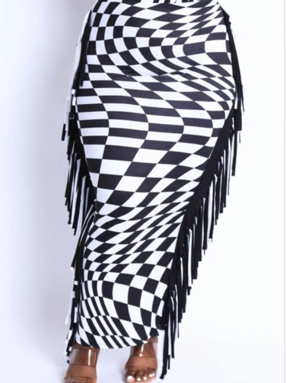 Women's Skirt High Waist Fringe Trim Pencil Skirt in Checkered Print Maxi